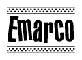 The image contains the text Emarco in a bold, stylized font, with a checkered flag pattern bordering the top and bottom of the text.