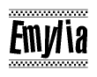 The clipart image displays the text Emylia in a bold, stylized font. It is enclosed in a rectangular border with a checkerboard pattern running below and above the text, similar to a finish line in racing. 