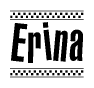 The image is a black and white clipart of the text Erina in a bold, italicized font. The text is bordered by a dotted line on the top and bottom, and there are checkered flags positioned at both ends of the text, usually associated with racing or finishing lines.