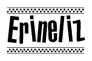The image is a black and white clipart of the text Erineliz in a bold, italicized font. The text is bordered by a dotted line on the top and bottom, and there are checkered flags positioned at both ends of the text, usually associated with racing or finishing lines.