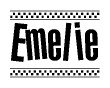 The clipart image displays the text Emelie in a bold, stylized font. It is enclosed in a rectangular border with a checkerboard pattern running below and above the text, similar to a finish line in racing. 
