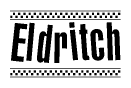 The image contains the text Eldritch in a bold, stylized font, with a checkered flag pattern bordering the top and bottom of the text.