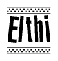 The image is a black and white clipart of the text Elthi in a bold, italicized font. The text is bordered by a dotted line on the top and bottom, and there are checkered flags positioned at both ends of the text, usually associated with racing or finishing lines.