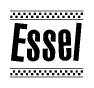The image contains the text Essel in a bold, stylized font, with a checkered flag pattern bordering the top and bottom of the text.