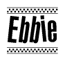 The image is a black and white clipart of the text Ebbie in a bold, italicized font. The text is bordered by a dotted line on the top and bottom, and there are checkered flags positioned at both ends of the text, usually associated with racing or finishing lines.