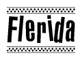 The image is a black and white clipart of the text Flerida in a bold, italicized font. The text is bordered by a dotted line on the top and bottom, and there are checkered flags positioned at both ends of the text, usually associated with racing or finishing lines.