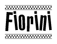 The image is a black and white clipart of the text Fiorini in a bold, italicized font. The text is bordered by a dotted line on the top and bottom, and there are checkered flags positioned at both ends of the text, usually associated with racing or finishing lines.