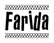 The image contains the text Farida in a bold, stylized font, with a checkered flag pattern bordering the top and bottom of the text.