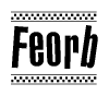 The image is a black and white clipart of the text Feorb in a bold, italicized font. The text is bordered by a dotted line on the top and bottom, and there are checkered flags positioned at both ends of the text, usually associated with racing or finishing lines.