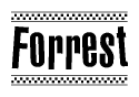 The image contains the text Forrest in a bold, stylized font, with a checkered flag pattern bordering the top and bottom of the text.
