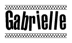 The image is a black and white clipart of the text Gabrielle in a bold, italicized font. The text is bordered by a dotted line on the top and bottom, and there are checkered flags positioned at both ends of the text, usually associated with racing or finishing lines.