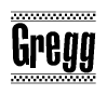 The image is a black and white clipart of the text Gregg in a bold, italicized font. The text is bordered by a dotted line on the top and bottom, and there are checkered flags positioned at both ends of the text, usually associated with racing or finishing lines.