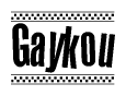 The image contains the text Gaykou in a bold, stylized font, with a checkered flag pattern bordering the top and bottom of the text.