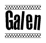 The image is a black and white clipart of the text Galen in a bold, italicized font. The text is bordered by a dotted line on the top and bottom, and there are checkered flags positioned at both ends of the text, usually associated with racing or finishing lines.