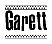 The image is a black and white clipart of the text Garett in a bold, italicized font. The text is bordered by a dotted line on the top and bottom, and there are checkered flags positioned at both ends of the text, usually associated with racing or finishing lines.