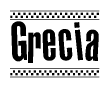 The image contains the text Grecia in a bold, stylized font, with a checkered flag pattern bordering the top and bottom of the text.