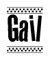 The image is a black and white clipart of the text Gail in a bold, italicized font. The text is bordered by a dotted line on the top and bottom, and there are checkered flags positioned at both ends of the text, usually associated with racing or finishing lines.