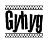 The clipart image displays the text Gyhyg in a bold, stylized font. It is enclosed in a rectangular border with a checkerboard pattern running below and above the text, similar to a finish line in racing. 