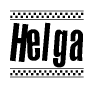The image contains the text Helga in a bold, stylized font, with a checkered flag pattern bordering the top and bottom of the text.