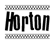 The image contains the text Horton in a bold, stylized font, with a checkered flag pattern bordering the top and bottom of the text.