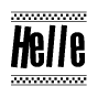The image is a black and white clipart of the text Helle in a bold, italicized font. The text is bordered by a dotted line on the top and bottom, and there are checkered flags positioned at both ends of the text, usually associated with racing or finishing lines.