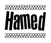 The image is a black and white clipart of the text Hamed in a bold, italicized font. The text is bordered by a dotted line on the top and bottom, and there are checkered flags positioned at both ends of the text, usually associated with racing or finishing lines.
