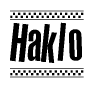 The clipart image displays the text Haklo in a bold, stylized font. It is enclosed in a rectangular border with a checkerboard pattern running below and above the text, similar to a finish line in racing. 
