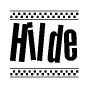 The clipart image displays the text Hilde in a bold, stylized font. It is enclosed in a rectangular border with a checkerboard pattern running below and above the text, similar to a finish line in racing. 