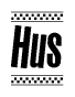 The image contains the text Hus in a bold, stylized font, with a checkered flag pattern bordering the top and bottom of the text.