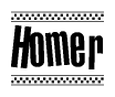 The clipart image displays the text Homer in a bold, stylized font. It is enclosed in a rectangular border with a checkerboard pattern running below and above the text, similar to a finish line in racing. 