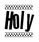 The image is a black and white clipart of the text Holy in a bold, italicized font. The text is bordered by a dotted line on the top and bottom, and there are checkered flags positioned at both ends of the text, usually associated with racing or finishing lines.