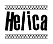 The image is a black and white clipart of the text Helica in a bold, italicized font. The text is bordered by a dotted line on the top and bottom, and there are checkered flags positioned at both ends of the text, usually associated with racing or finishing lines.
