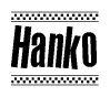 The clipart image displays the text Hanko in a bold, stylized font. It is enclosed in a rectangular border with a checkerboard pattern running below and above the text, similar to a finish line in racing. 
