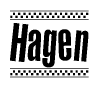 The image is a black and white clipart of the text Hagen in a bold, italicized font. The text is bordered by a dotted line on the top and bottom, and there are checkered flags positioned at both ends of the text, usually associated with racing or finishing lines.