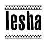 The image is a black and white clipart of the text Iesha in a bold, italicized font. The text is bordered by a dotted line on the top and bottom, and there are checkered flags positioned at both ends of the text, usually associated with racing or finishing lines.