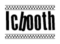 The image is a black and white clipart of the text Icbooth in a bold, italicized font. The text is bordered by a dotted line on the top and bottom, and there are checkered flags positioned at both ends of the text, usually associated with racing or finishing lines.