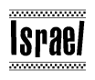 The image contains the text Israel in a bold, stylized font, with a checkered flag pattern bordering the top and bottom of the text.