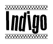The image contains the text Indigo in a bold, stylized font, with a checkered flag pattern bordering the top and bottom of the text.
