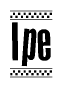 The image is a black and white clipart of the text Ipe in a bold, italicized font. The text is bordered by a dotted line on the top and bottom, and there are checkered flags positioned at both ends of the text, usually associated with racing or finishing lines.