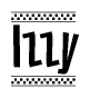 The image is a black and white clipart of the text Izzy in a bold, italicized font. The text is bordered by a dotted line on the top and bottom, and there are checkered flags positioned at both ends of the text, usually associated with racing or finishing lines.