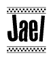 The clipart image displays the text Jael in a bold, stylized font. It is enclosed in a rectangular border with a checkerboard pattern running below and above the text, similar to a finish line in racing. 