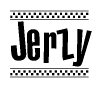 The clipart image displays the text Jerzy in a bold, stylized font. It is enclosed in a rectangular border with a checkerboard pattern running below and above the text, similar to a finish line in racing. 