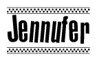 The image contains the text Jennufer in a bold, stylized font, with a checkered flag pattern bordering the top and bottom of the text.