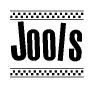 The image is a black and white clipart of the text Jools in a bold, italicized font. The text is bordered by a dotted line on the top and bottom, and there are checkered flags positioned at both ends of the text, usually associated with racing or finishing lines.