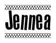 The image is a black and white clipart of the text Jennea in a bold, italicized font. The text is bordered by a dotted line on the top and bottom, and there are checkered flags positioned at both ends of the text, usually associated with racing or finishing lines.