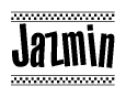The image is a black and white clipart of the text Jazmin in a bold, italicized font. The text is bordered by a dotted line on the top and bottom, and there are checkered flags positioned at both ends of the text, usually associated with racing or finishing lines.