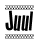 The image contains the text Juul in a bold, stylized font, with a checkered flag pattern bordering the top and bottom of the text.