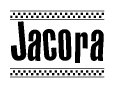 The clipart image displays the text Jacora in a bold, stylized font. It is enclosed in a rectangular border with a checkerboard pattern running below and above the text, similar to a finish line in racing. 