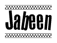 The clipart image displays the text Jabeen in a bold, stylized font. It is enclosed in a rectangular border with a checkerboard pattern running below and above the text, similar to a finish line in racing. 