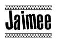 The image contains the text Jaimee in a bold, stylized font, with a checkered flag pattern bordering the top and bottom of the text.